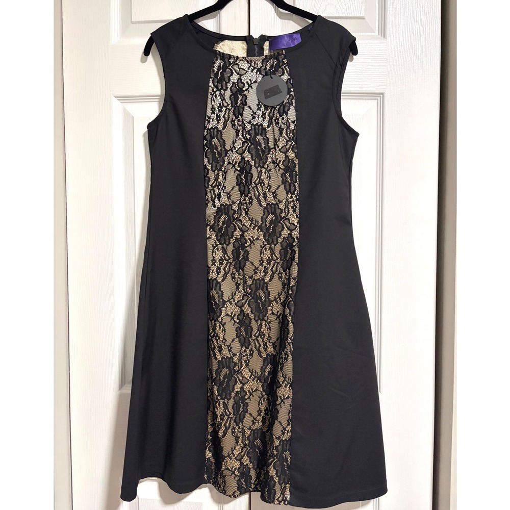 P. Luca Milano Womens Black Lace Panel Sleeveless Shift Dress New with Tags MED
